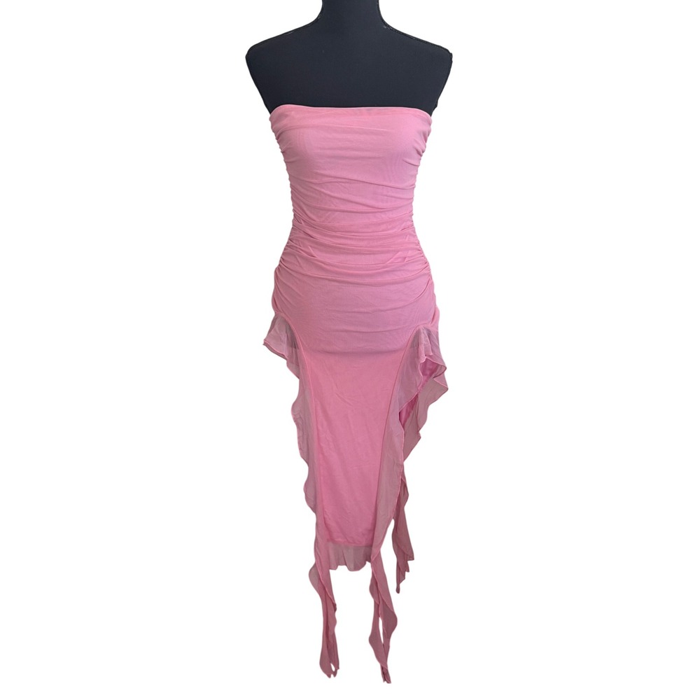 Womens Y2K Pink Mesh Strapless Asymmetrical Ruffle Hem Bodycon Midi Dress S